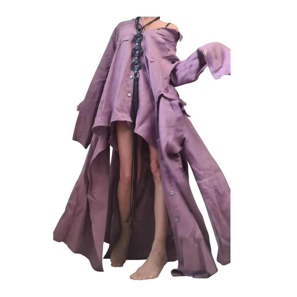 Lavender Linen Shirt, Dress for Women, Convertible Layered Kaftan, High Low Asymmetric Hem