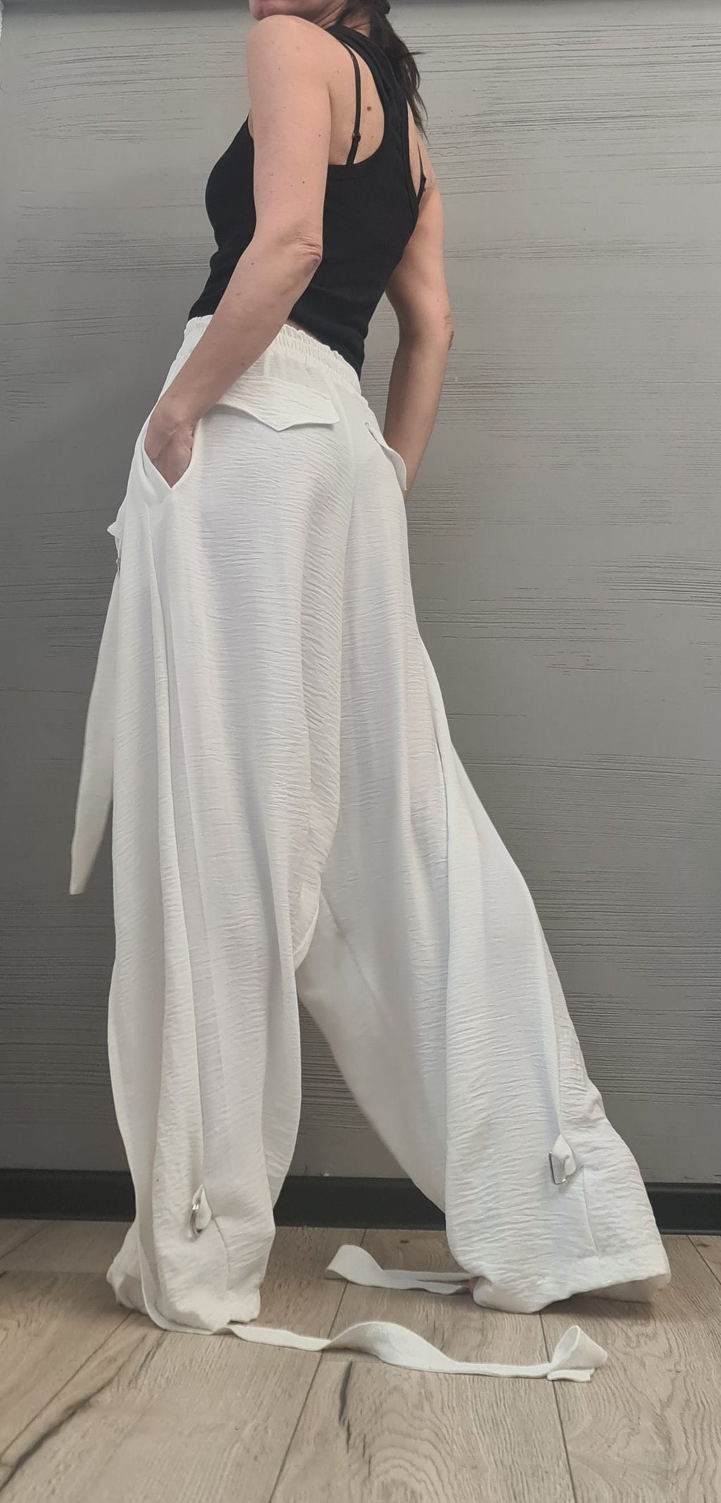 Beige Harem Trousers, Strap and Ring Detail, Drop Crotch