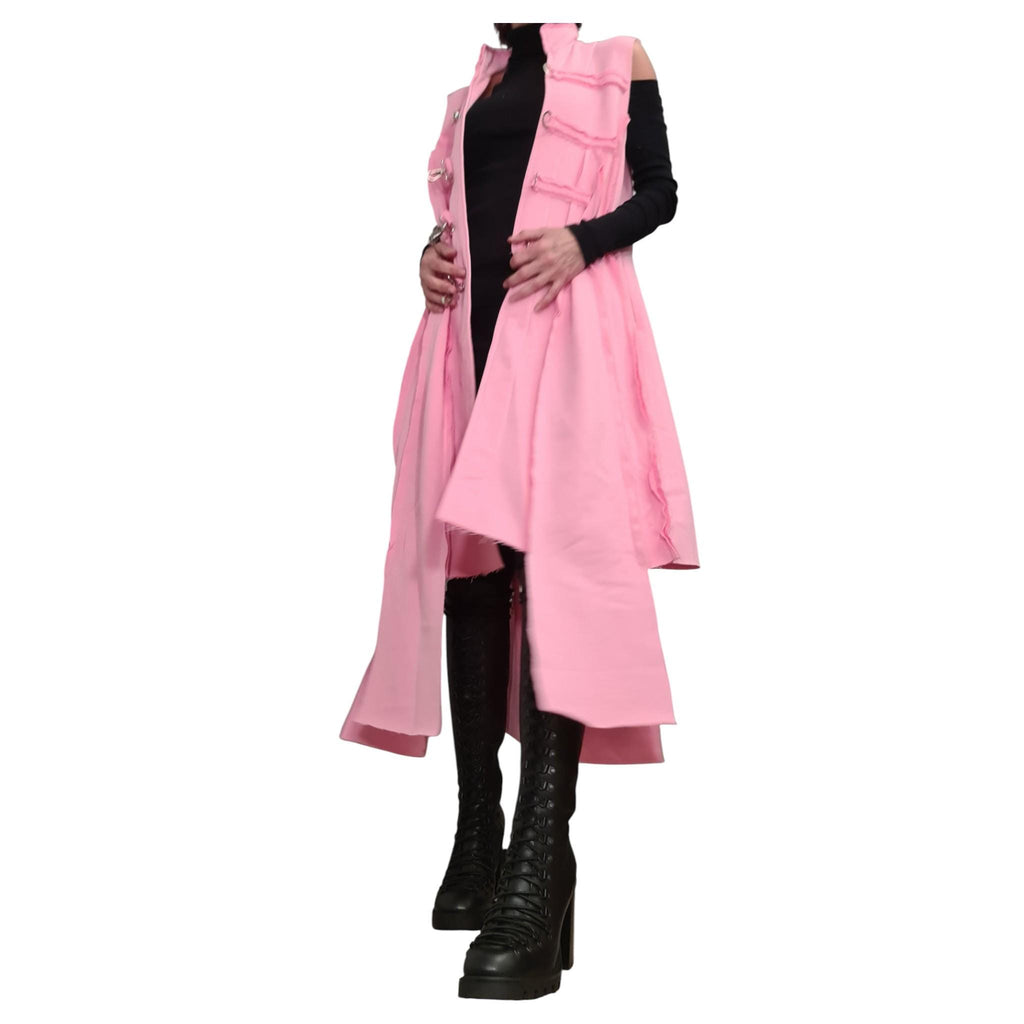 Baby Pink Asymmetrical Maxi Vest, Sleeveless Cotton Coat, Metal Buckle Closures, Plus Size