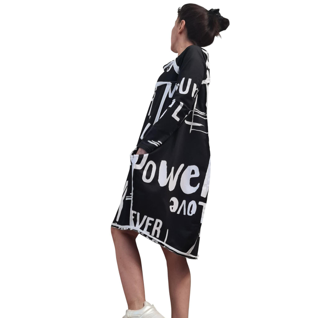 Asymmetric Graphic Dress, Long Sleeves, Knee Length Balloon Shape, Black White, Fashion for Women