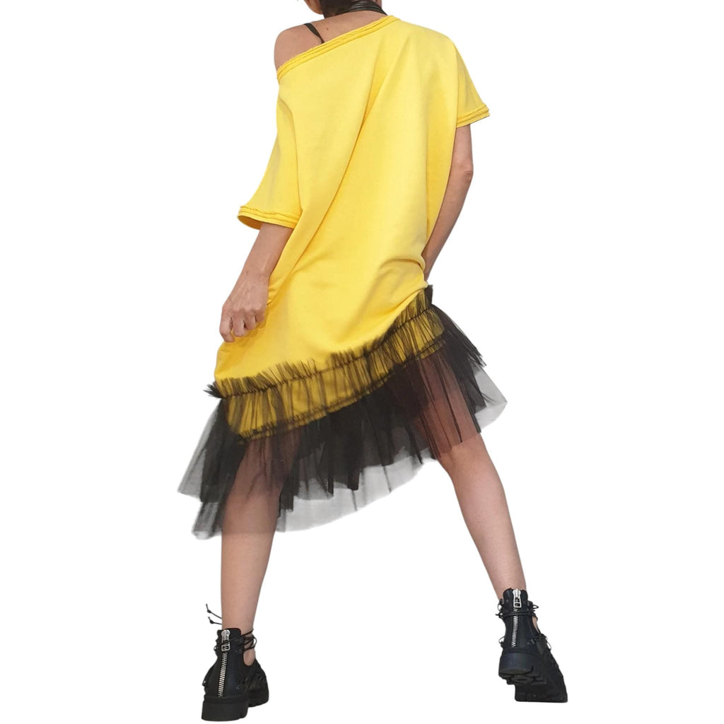 Oversize Yellow Tunic Dress - Loose Fit with Tulle Accent