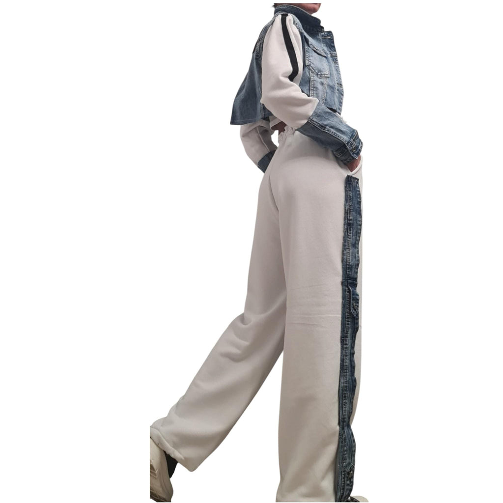 Cotton Denim Jacket and Harem Pants Set, Asymmetrical Design
