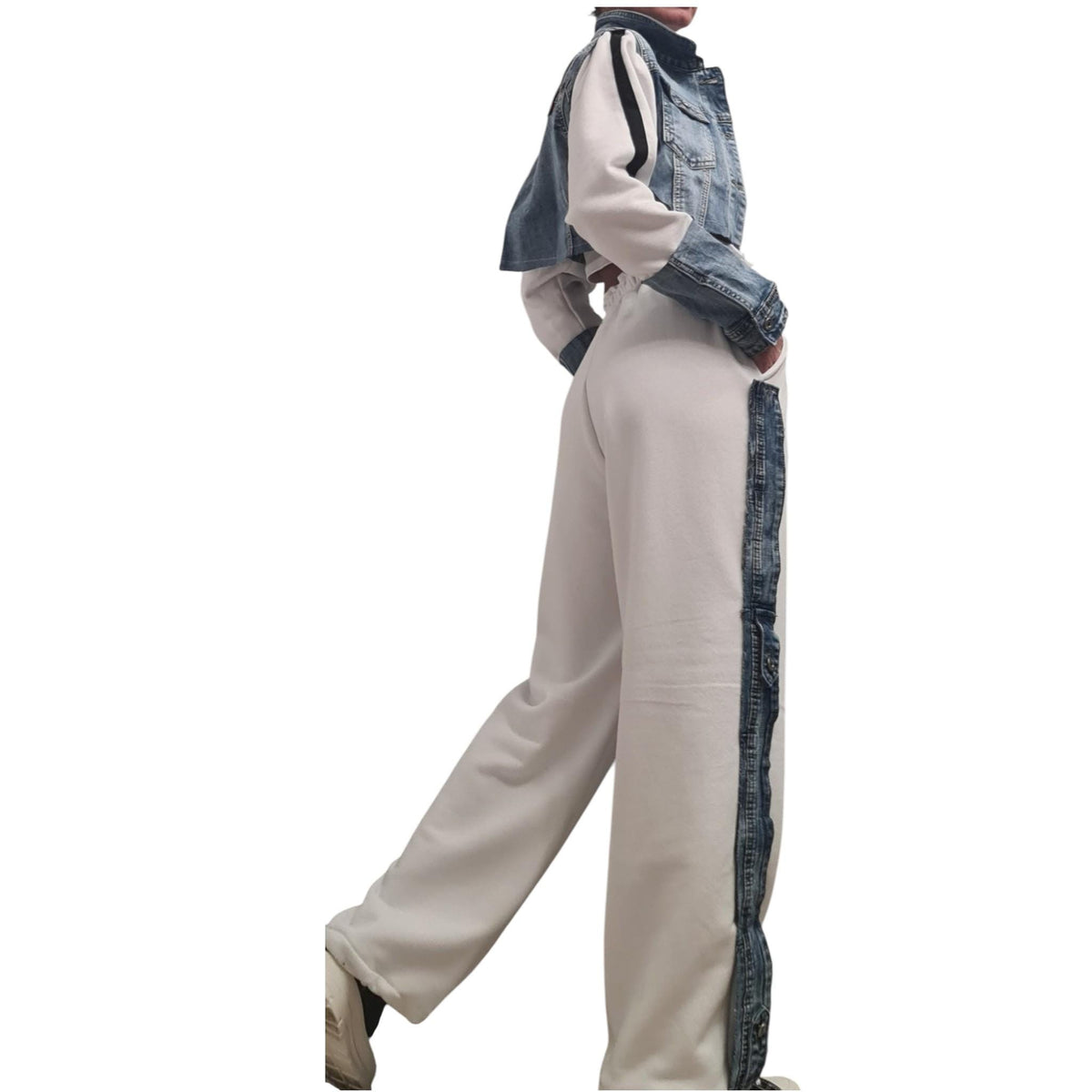 Cotton Denim Jacket and Harem Pants Set, Asymmetrical Design