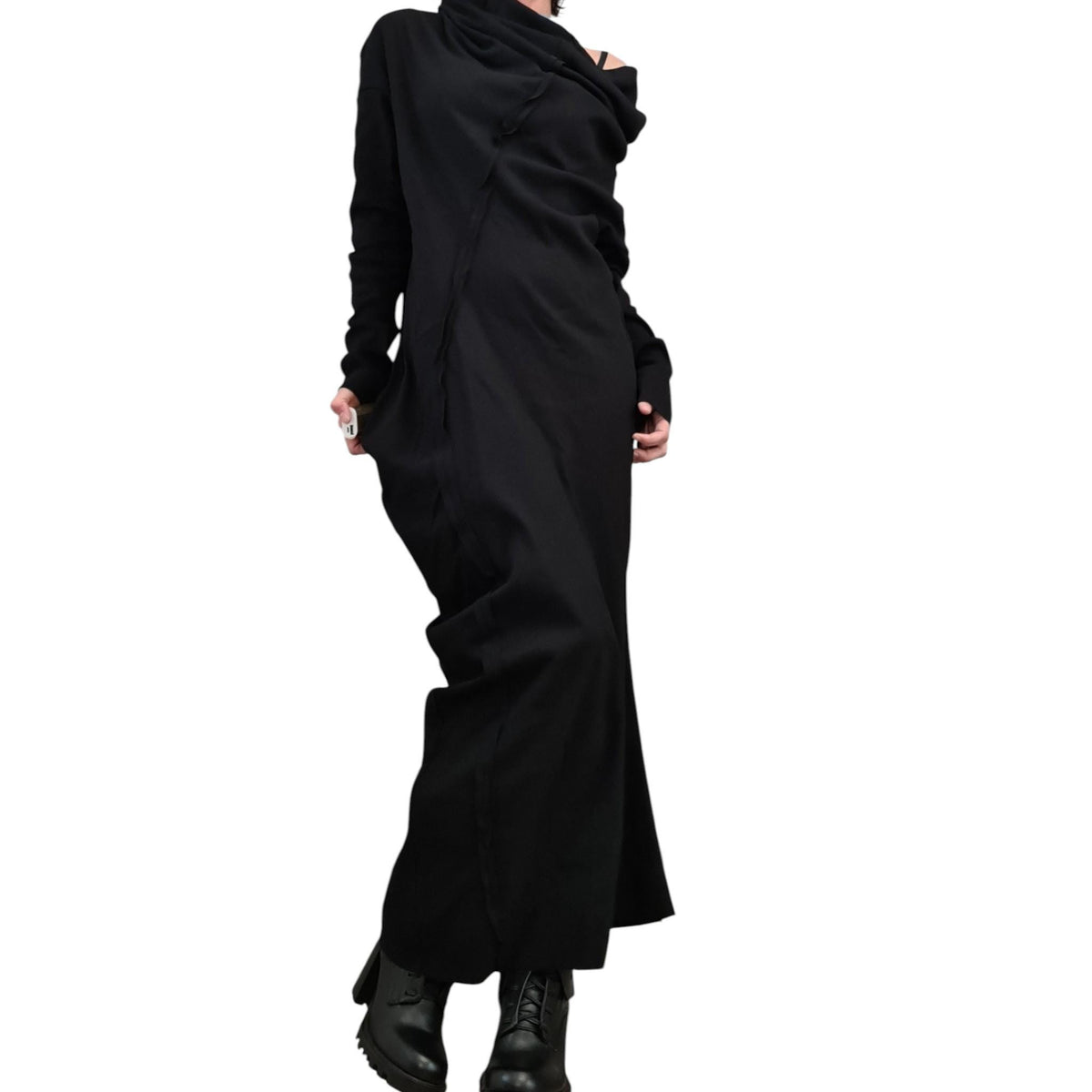 Extravagant Asymmetric Black Cotton Dress, Plus Size Clothing