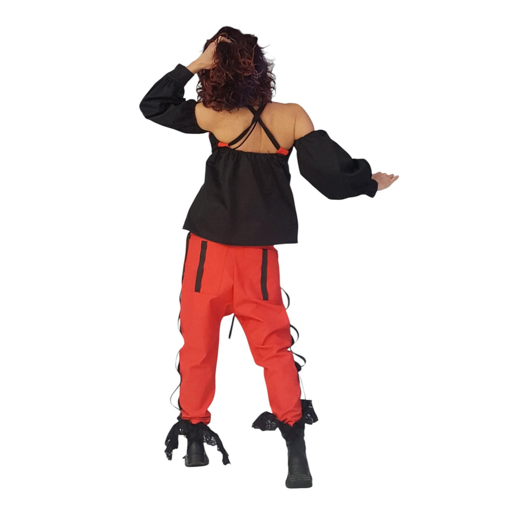Red Cotton Co-Ord Set, Drop Crotch Pants, Black Cold Shoulder Batwing Blouse