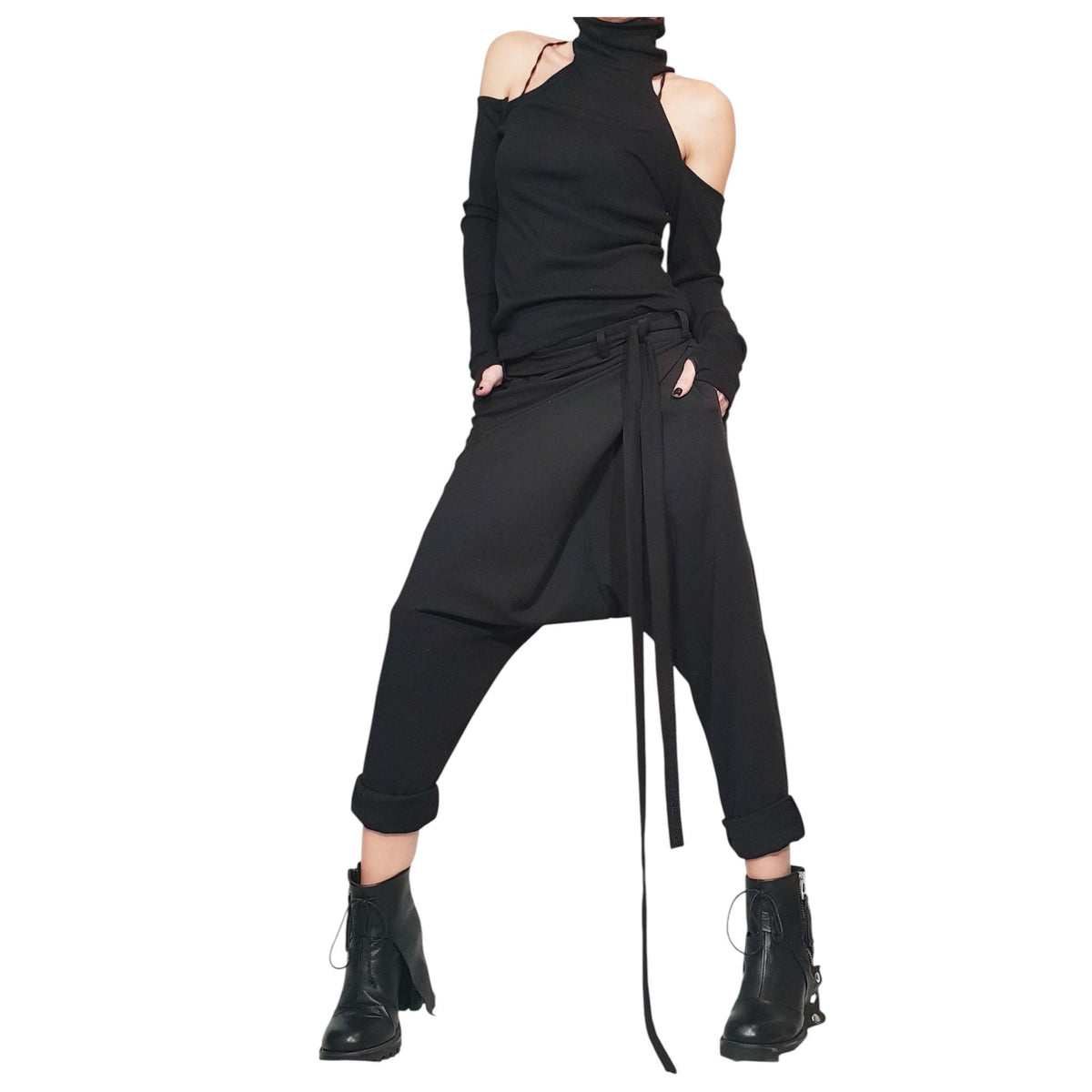 Black Avant Garde Drop Crotch Pants, Skirt Overlay Harem Trousers