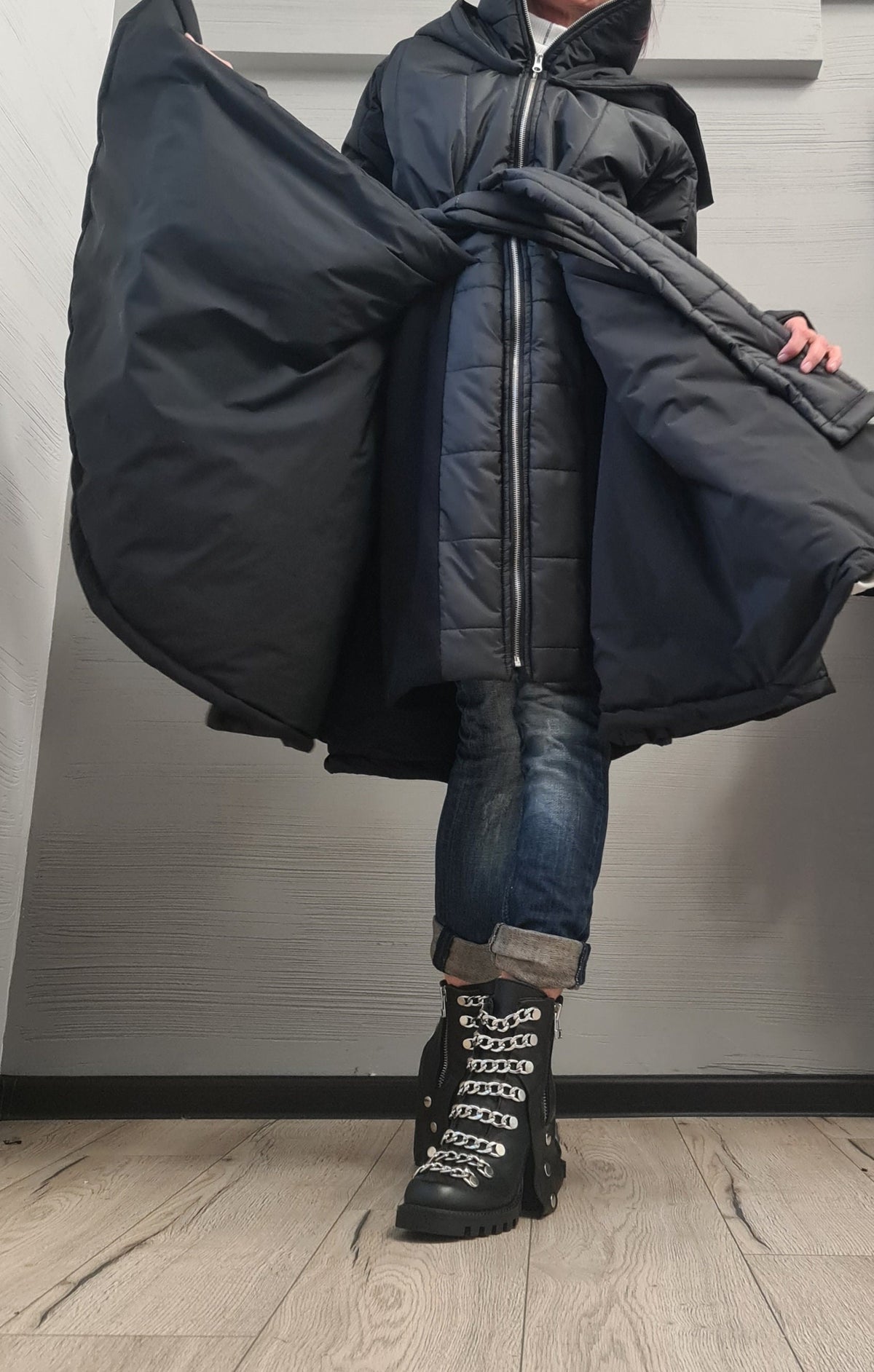 Black Hooded Puffer Coat, Fit and Flare Silhouette, Full Circle Hem, Belted, Plus Size