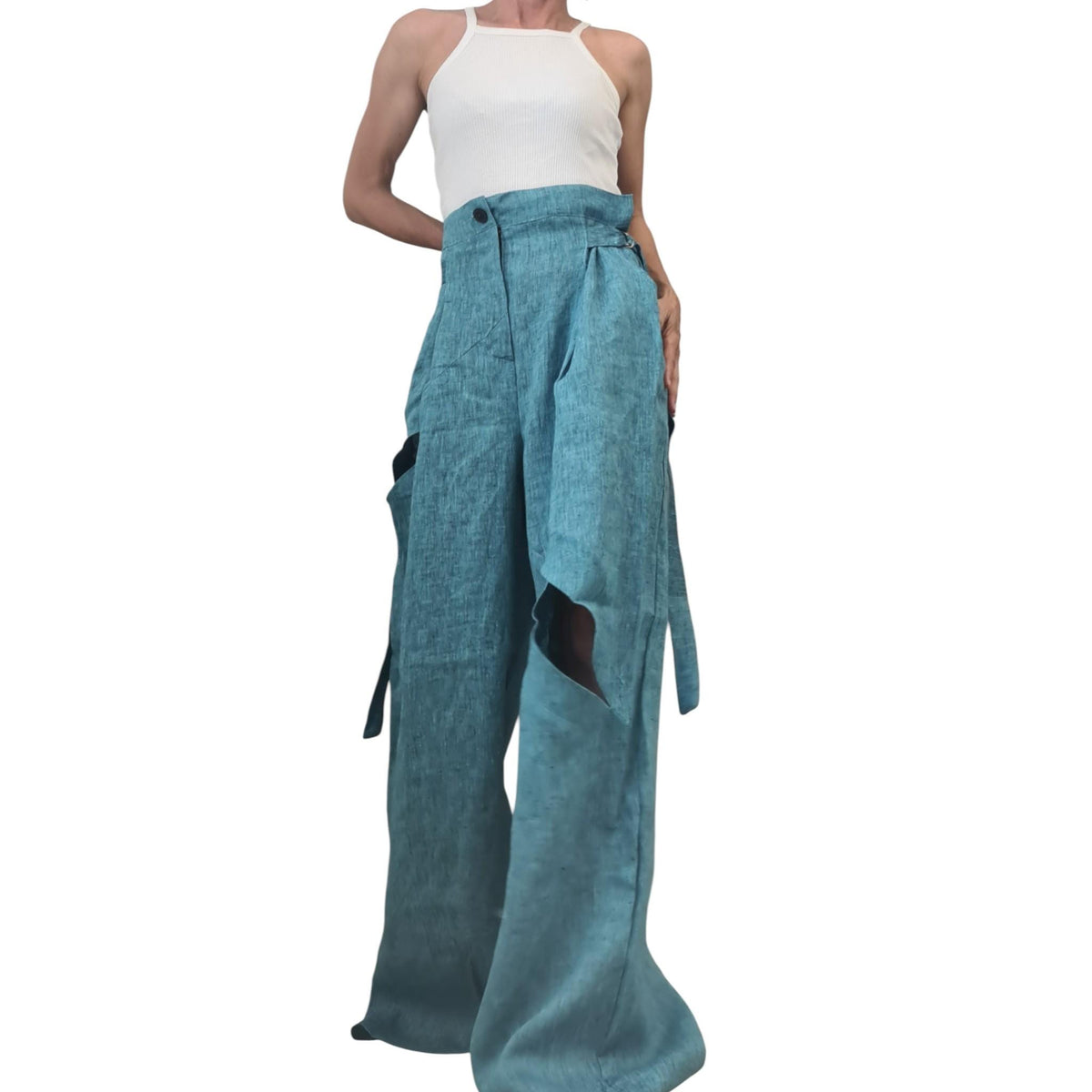 Turquoise Linen Harem Pants, Adjustable Waist, Wide Leg Trousers