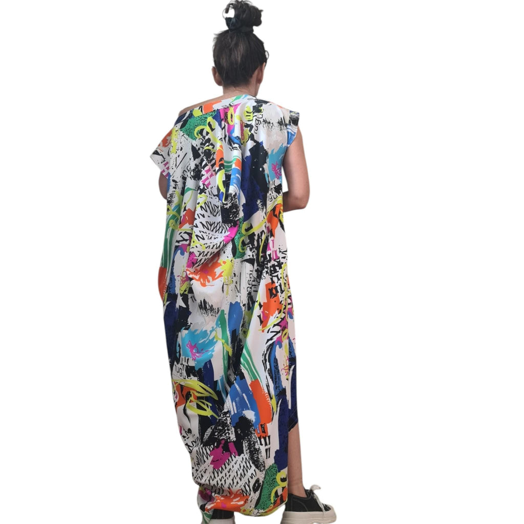 One Shoulder Graffiti Dress: Oversized Cotton with Pockets