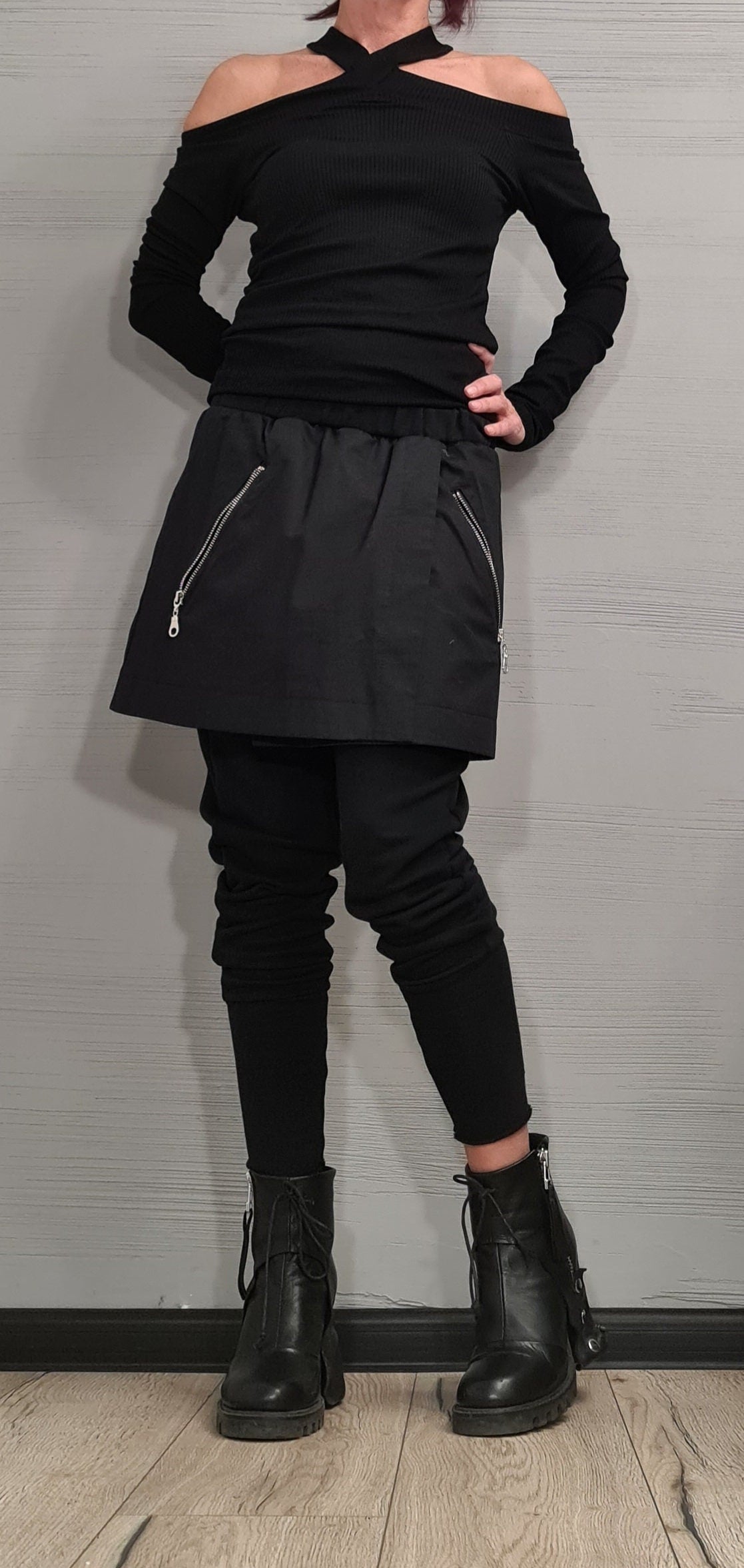 Black French Terry Pants, Attached Skirt Panel, Zip Pocket Detail