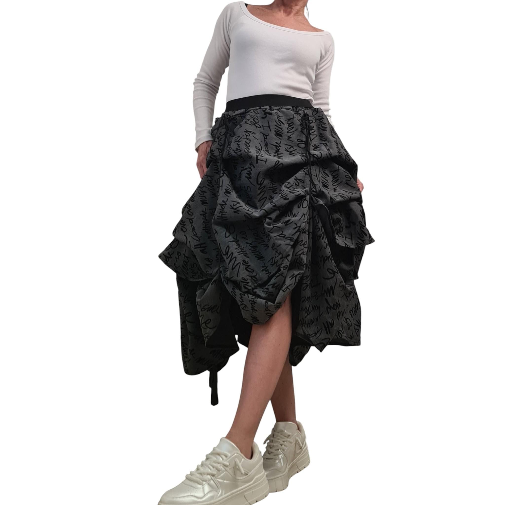 Asymmetric Maxi Skirt, Adjustable Length, Avant Garde Handmade, Balloon Silhouette ,Text Print, Knee Length