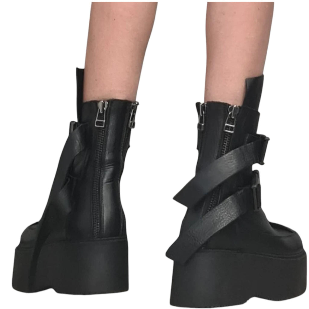 Black Leather Platform Boots, Buckle Strap Ankle Booties, Gothic Grunge Women Footwear