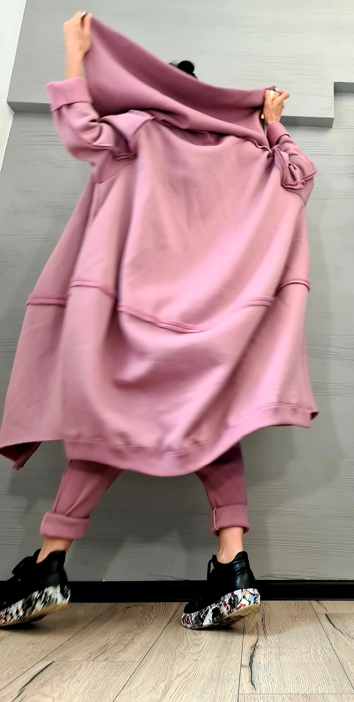 Pink Oversized Zip Up Hoodie, Long Sweatshirt with Extra Large High Collar, Plus Size