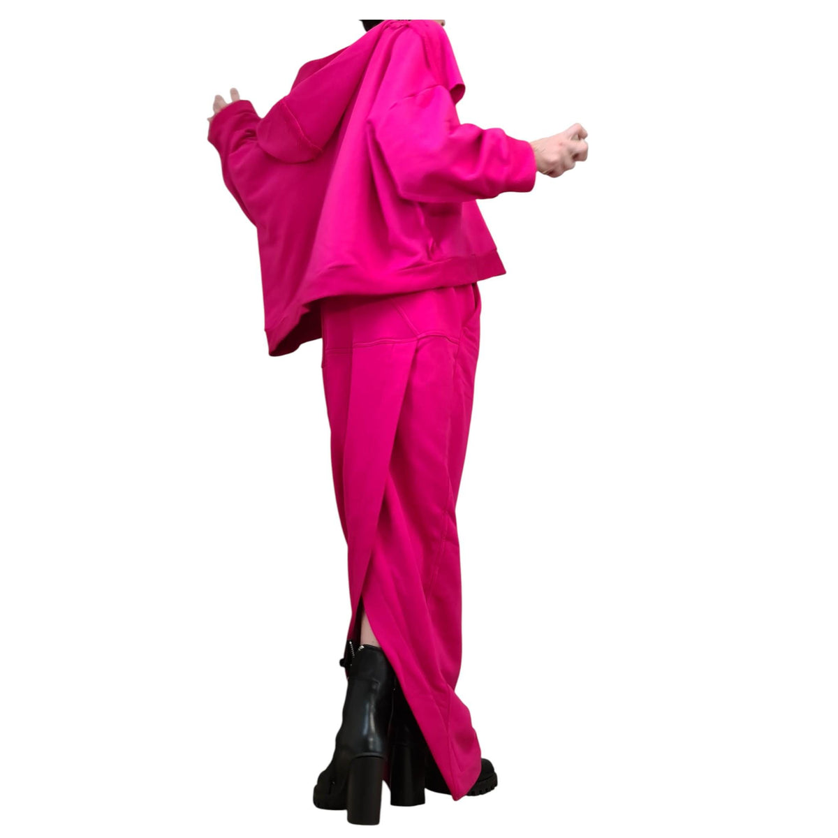 Fuchsia Cotton Asymmetrical Wrap Maxi Skirt, Cropped Hooded Blouse, Two-Piece Co-Ord Set