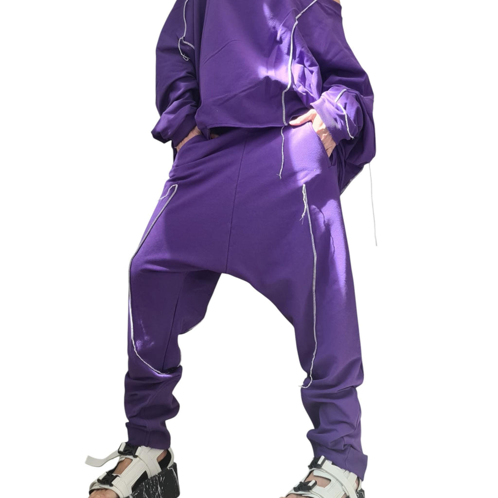 Purple Cotton Co-Ord Set, Harem Pants, Asymmetrical Blouse, Raw Edges, Contrast Seams