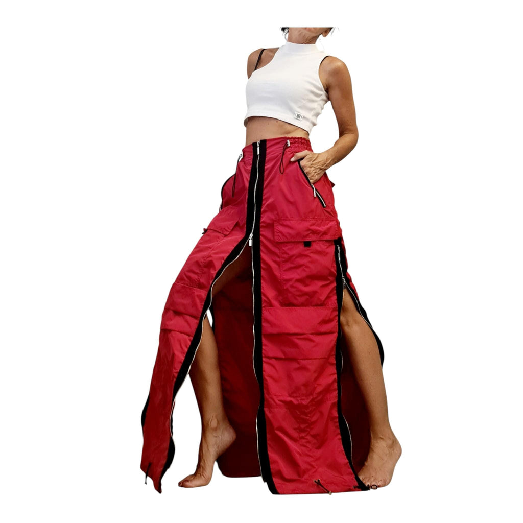 Red Maxi Cargo Skirt with Zippers, Oversized Avant Garde Clothing, Techwear Festival Outfit