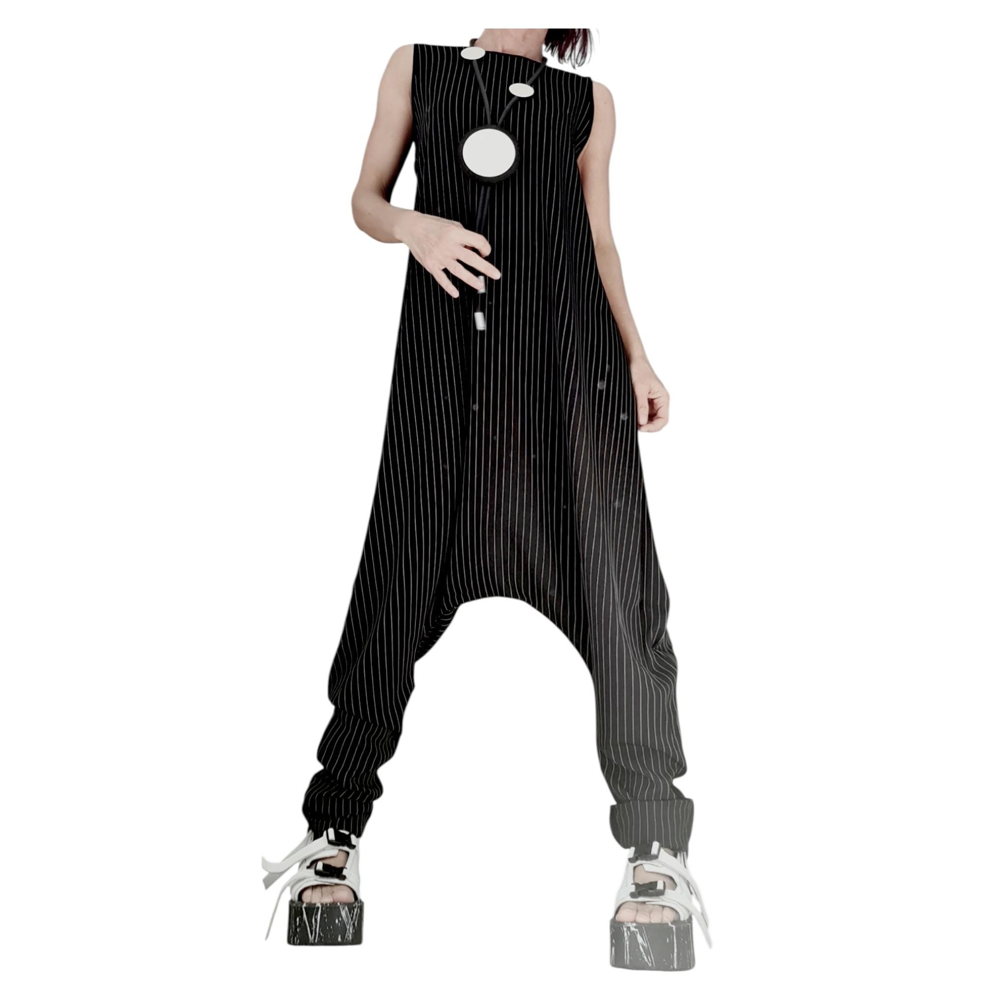 Asymmetric Black White Stripe Harem Jumpsuit, Gothic Wide Leg Sleeveless Overall for Women