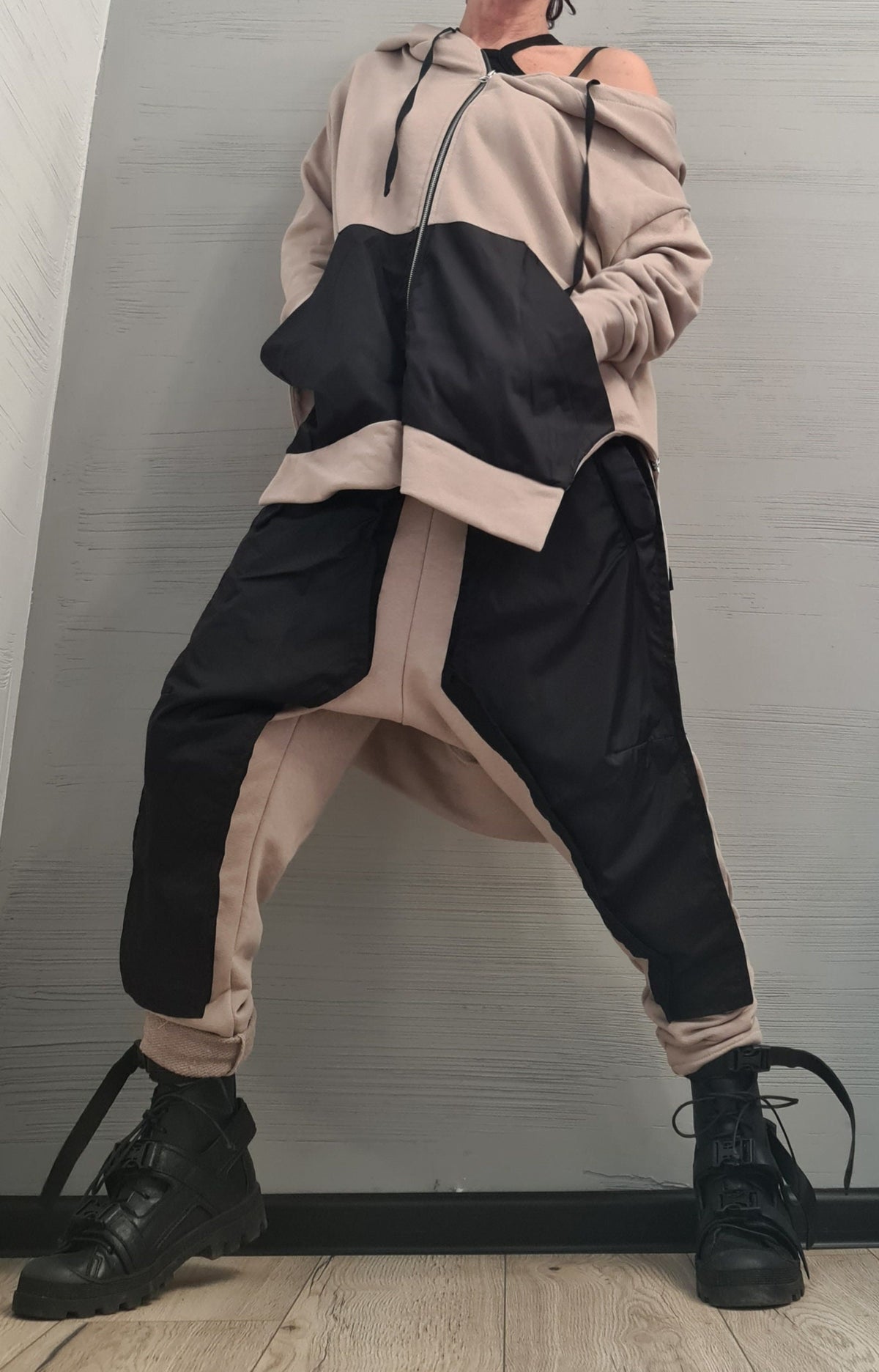 Black White Cotton Drop Crotch Pants, Asymmetrical Zip Hoodie, Contrast Panels, Two-Piece Co-Ord Set