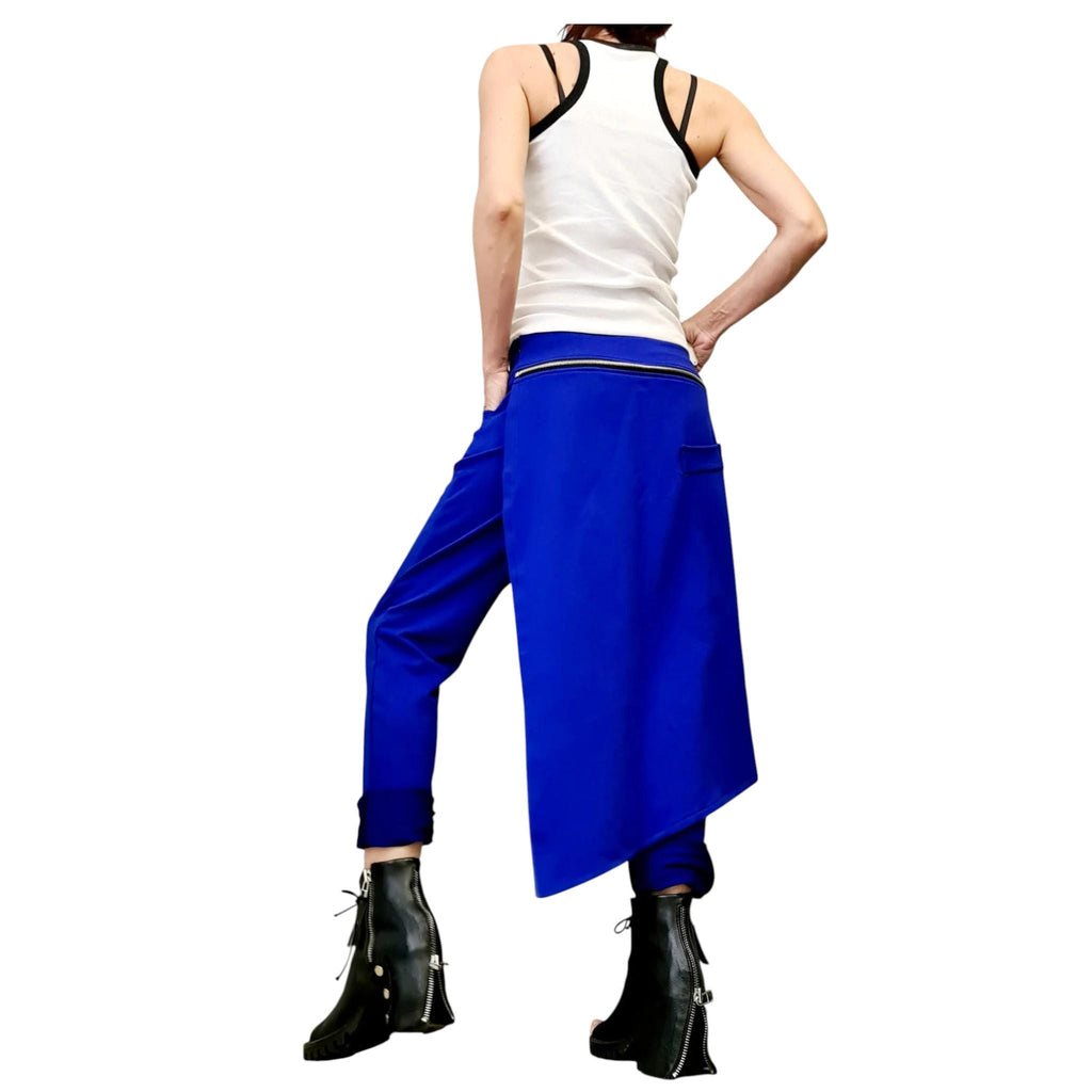 Military Green Asymmetric Pants, French Terry Trousers, Wrap Skirt Overlay