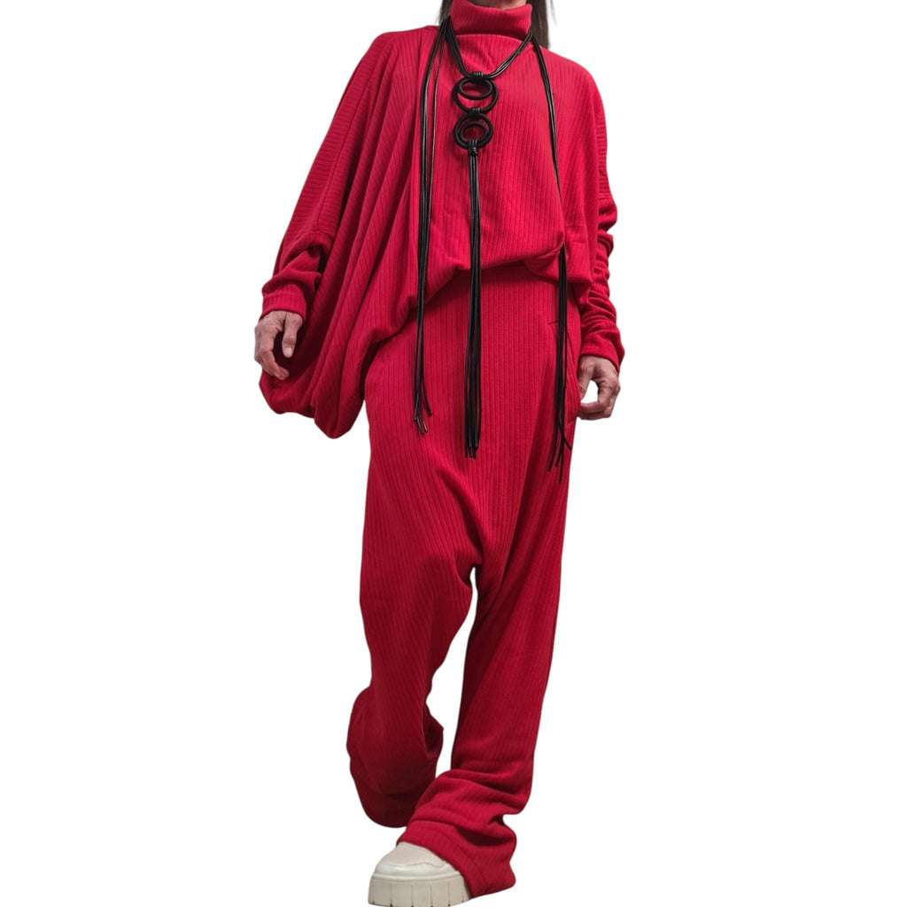 Red Knit Straight Leg Pants, Asymmetrical Batwing Turtleneck Top, Two-Piece Co-Ord Set, Plus Size