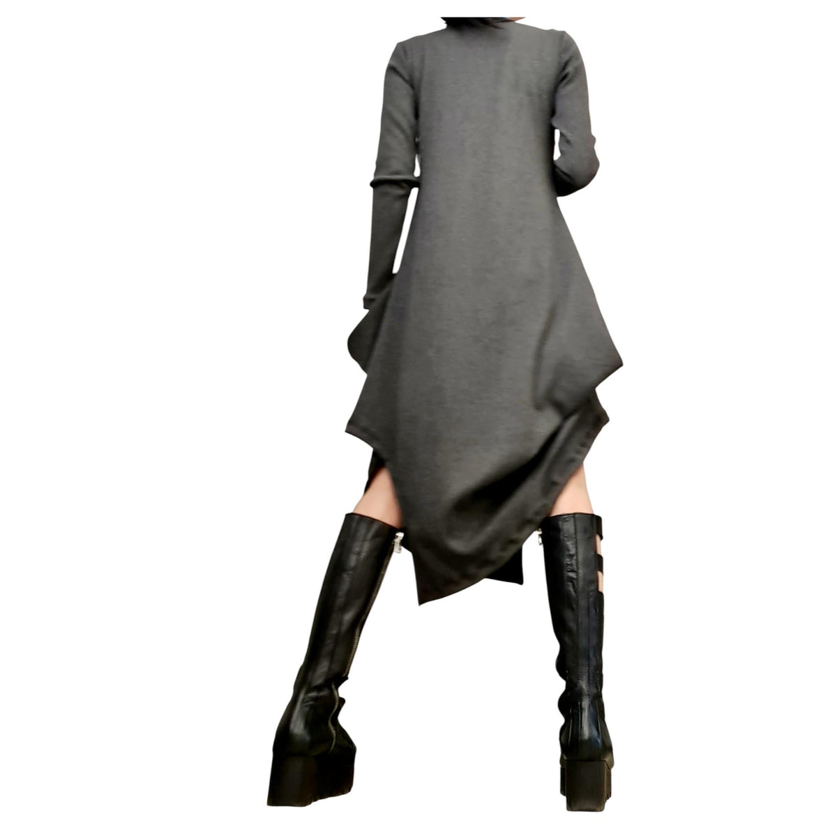 Grey Cotton Rib Dress, Long Sleeve Midi Dress, Avant Garde Loose Fit Kaftan