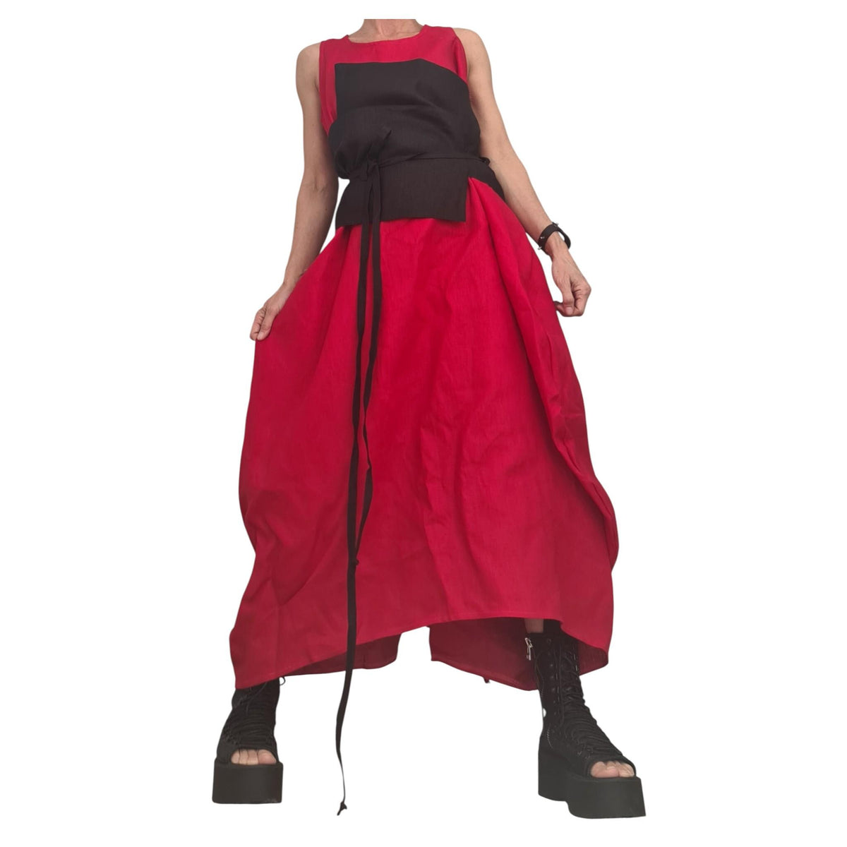 Red Linen Maxi Dress, Corset Detail, Sleeveless Oversized Kaftan, Dress for women