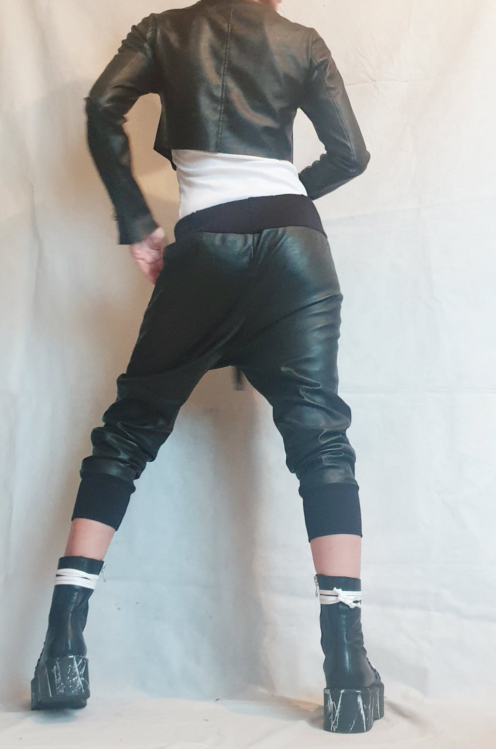 Black Faux Leather Cropped Jacket, Fitted Long Sleeve Bolero, Multiple Zipper Details