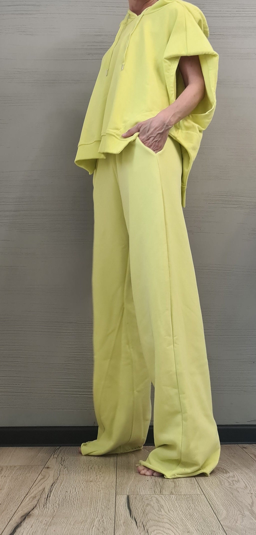 Lime Cotton Wide Leg Pants, Oversized Asymmetrical Hooded Blouse, Loose Fit Two-Piece Co-Ord Set
