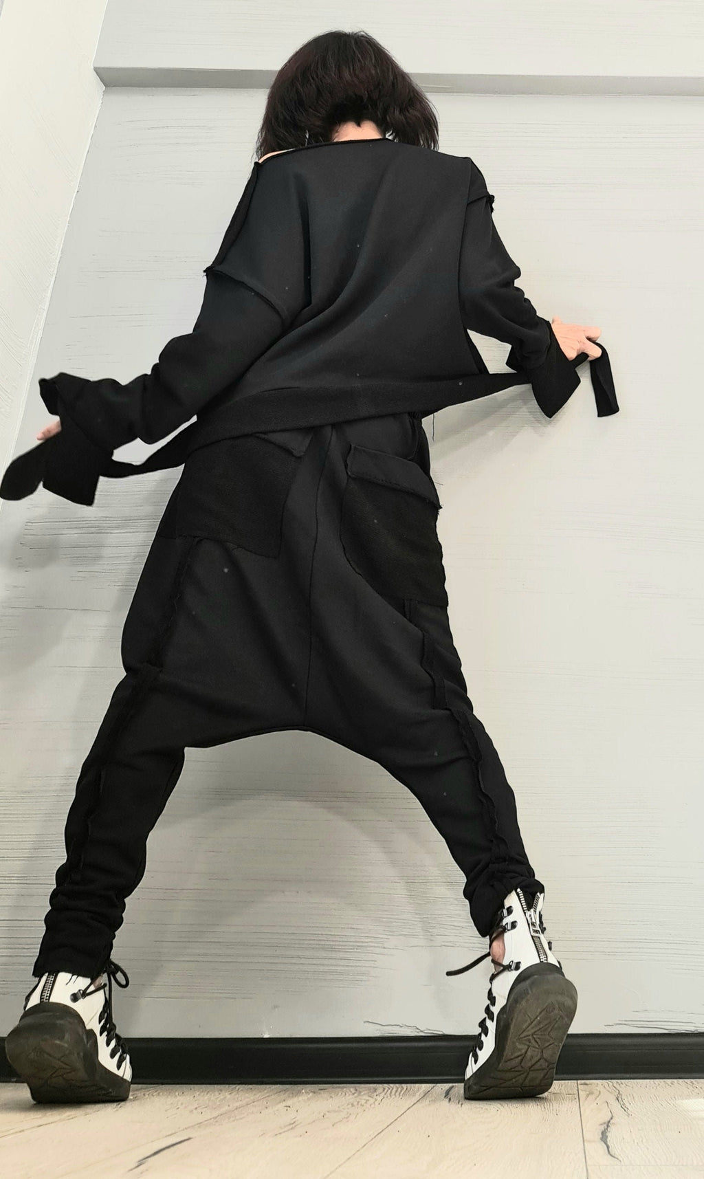 Black Cotton Drop Crotch Pants, Asymmetrical Blouse, Wide Cuffs,  Two-Piece French Terry Co-Ord Set