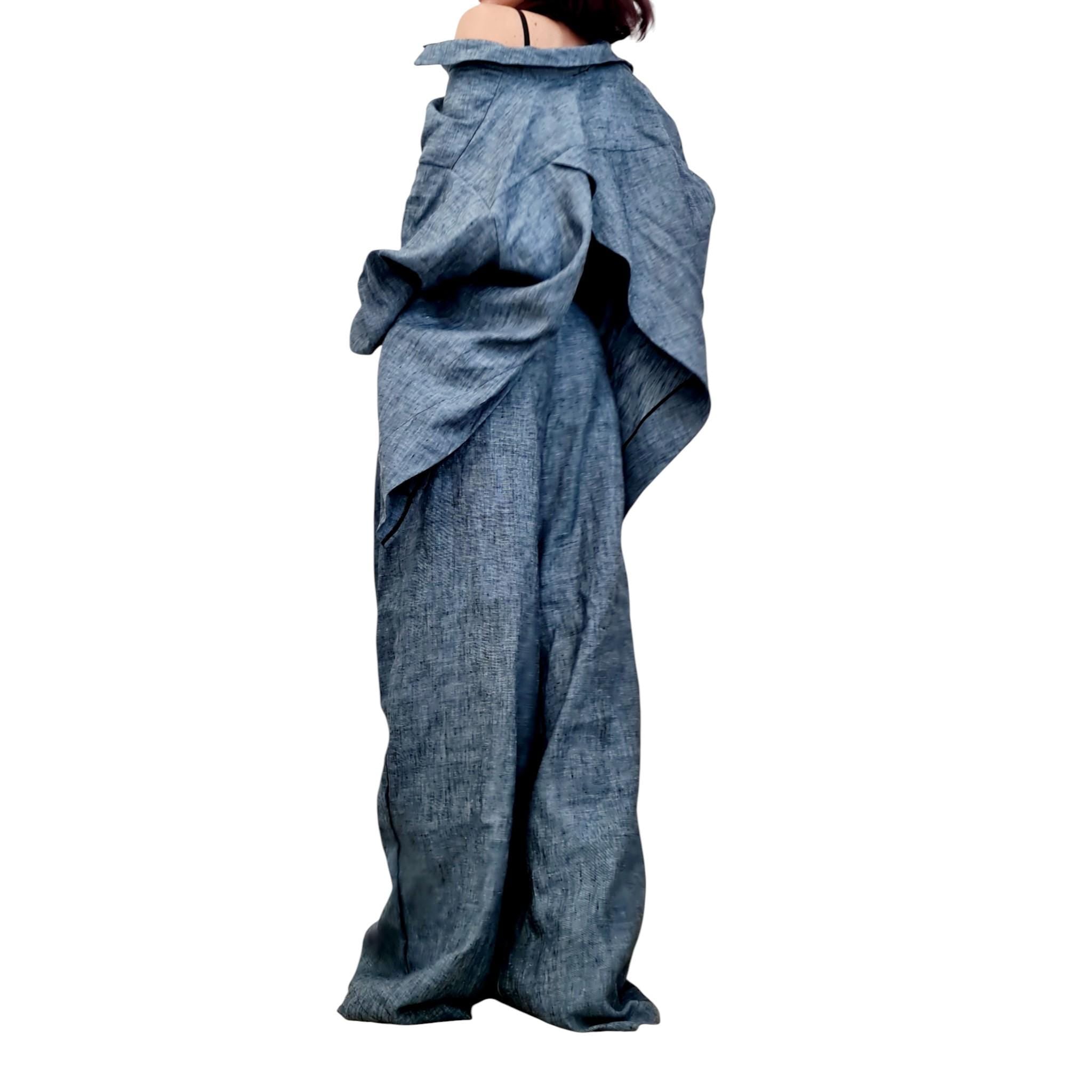 Denim Linen Two Piece Set for Women, Open Back Shirt, Wide Leg Harem Pants Outfit