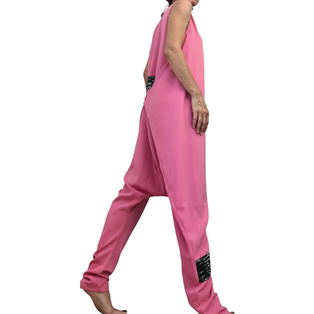 Pink Asymmetric Wide Leg Jumpsuit, Women Loose Harem Overall, Plus Size