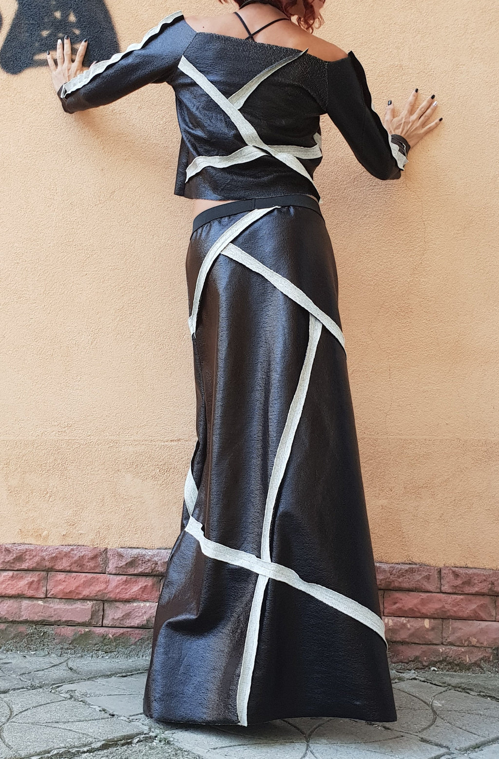 Black Eco-Leather Maxi Skirt, Cropped Long Sleeve Blouse, Contrast Trim Two Piece Co-Ord Set