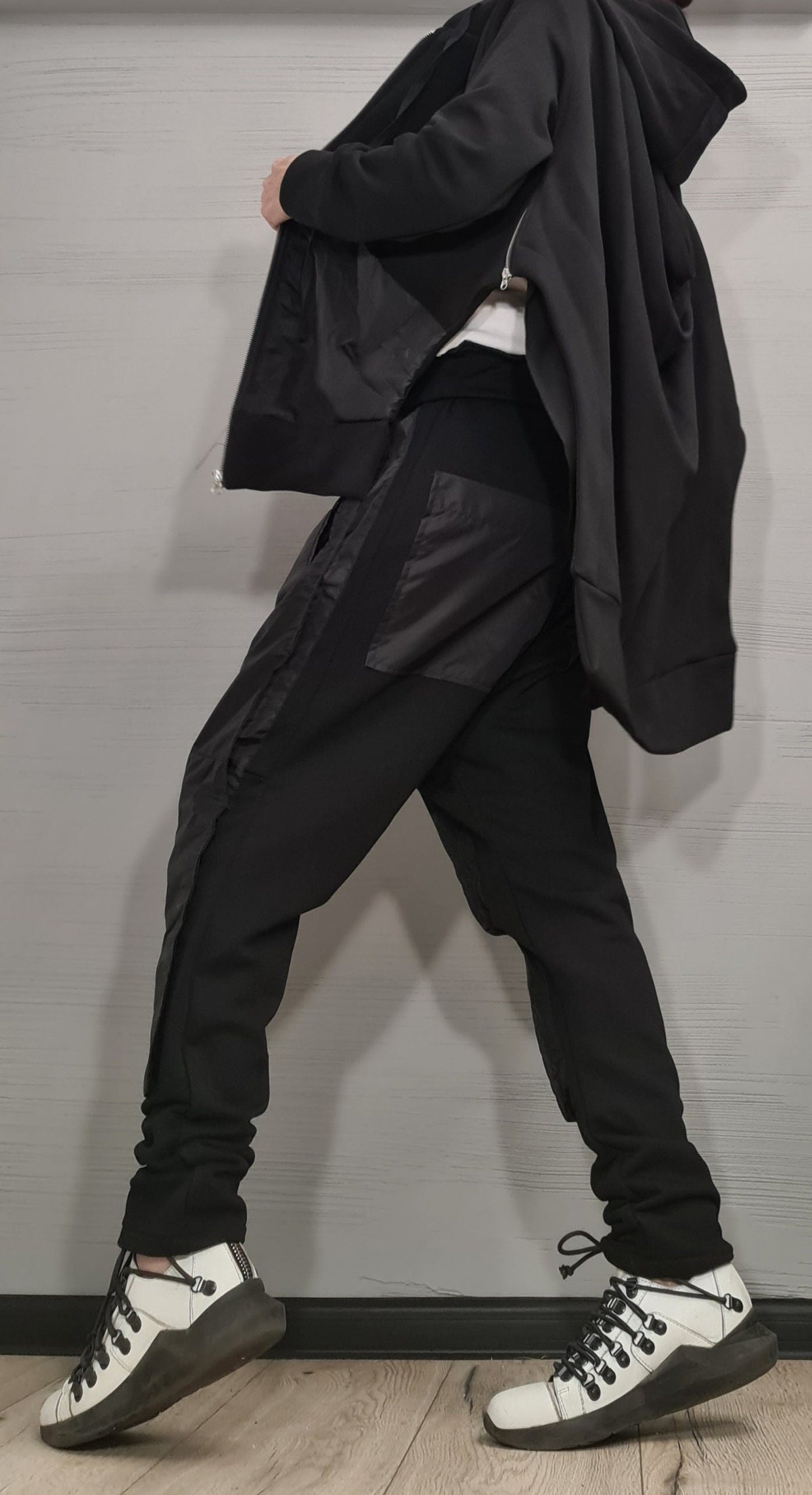 Tapered Harem Pants, Long Asymmetrical Hooded Sweatshirt, Black Co-Ord Set