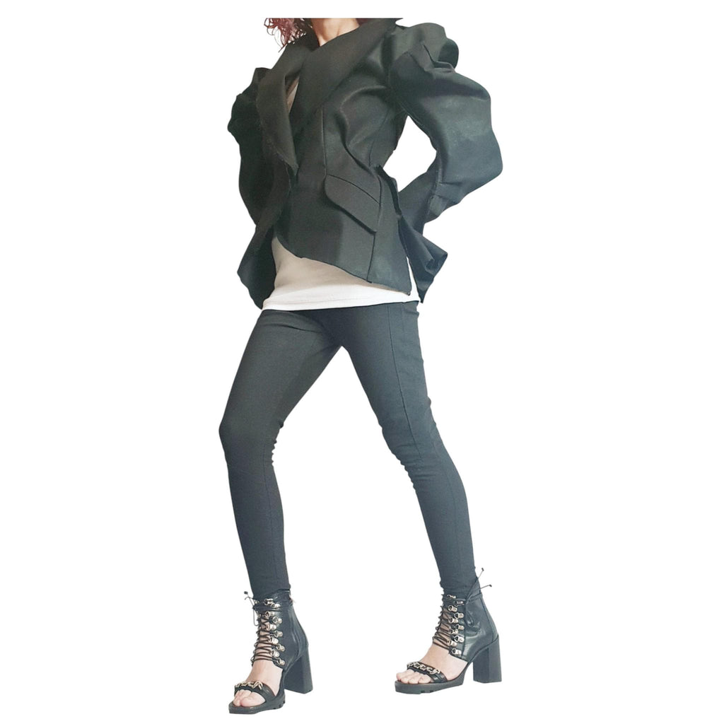Asymmetric Black Denim Avant Garde Blazer Jacket for Women, Futuristic Deconstructed Fitted Style
