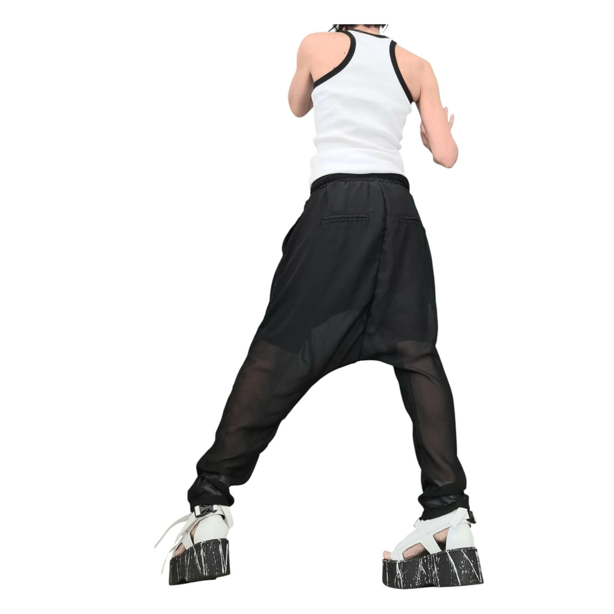 Black Chiffon Harem Pants, Sheer Overlay, French Terry Inner Shorts, Tapered Leg