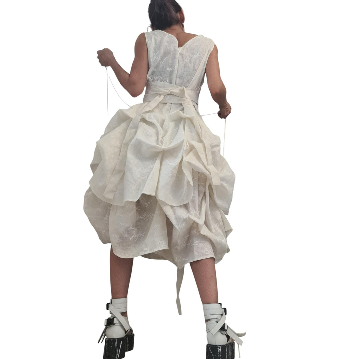 Handmade Champagne Linen Dress, Sleeveless Asymmetric Midi, Adjustable Straps