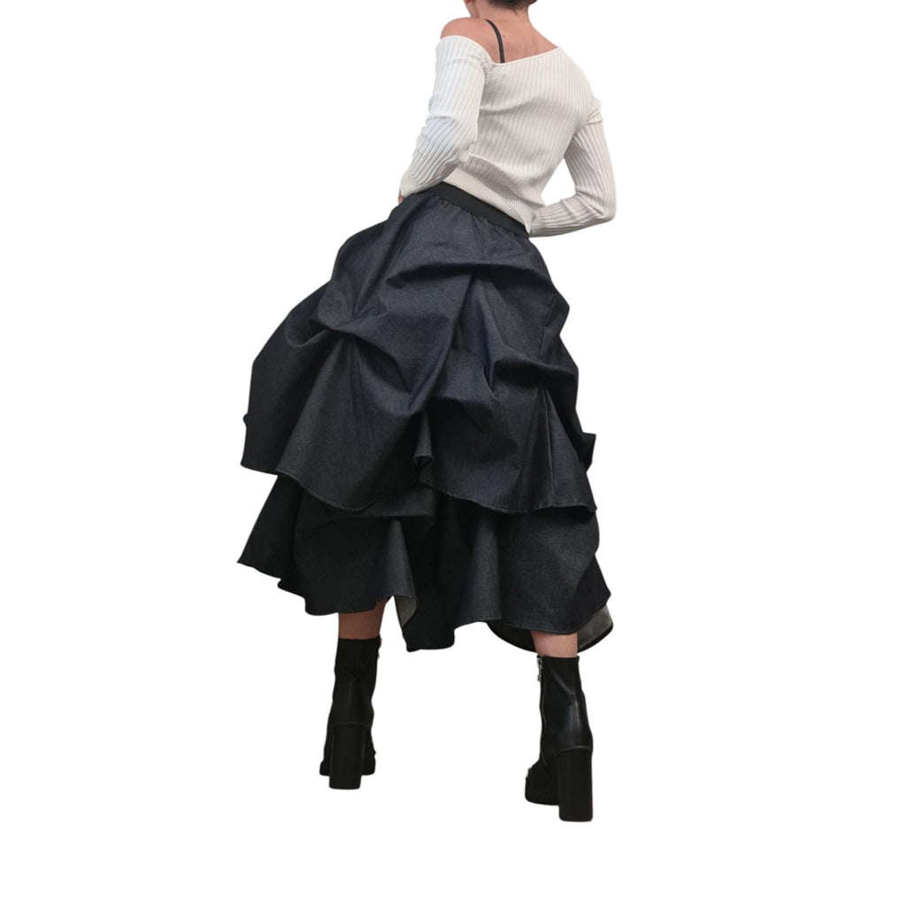Blue Denim Skirt Women, Rave Outfit, Asymmetric Midi Skirt, Adjustable Hem, Burning Man Fashion