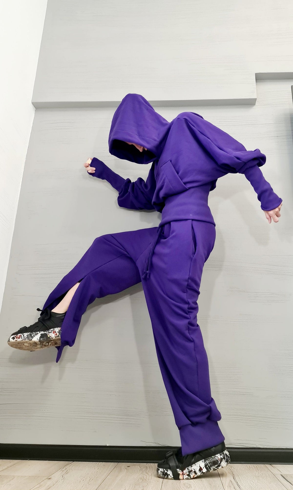 Purple Cotton Drop Crotch Harem Pants, Oversized Hooded Sweatshirt, Split Legs, Two-Piece Co-Ord Set