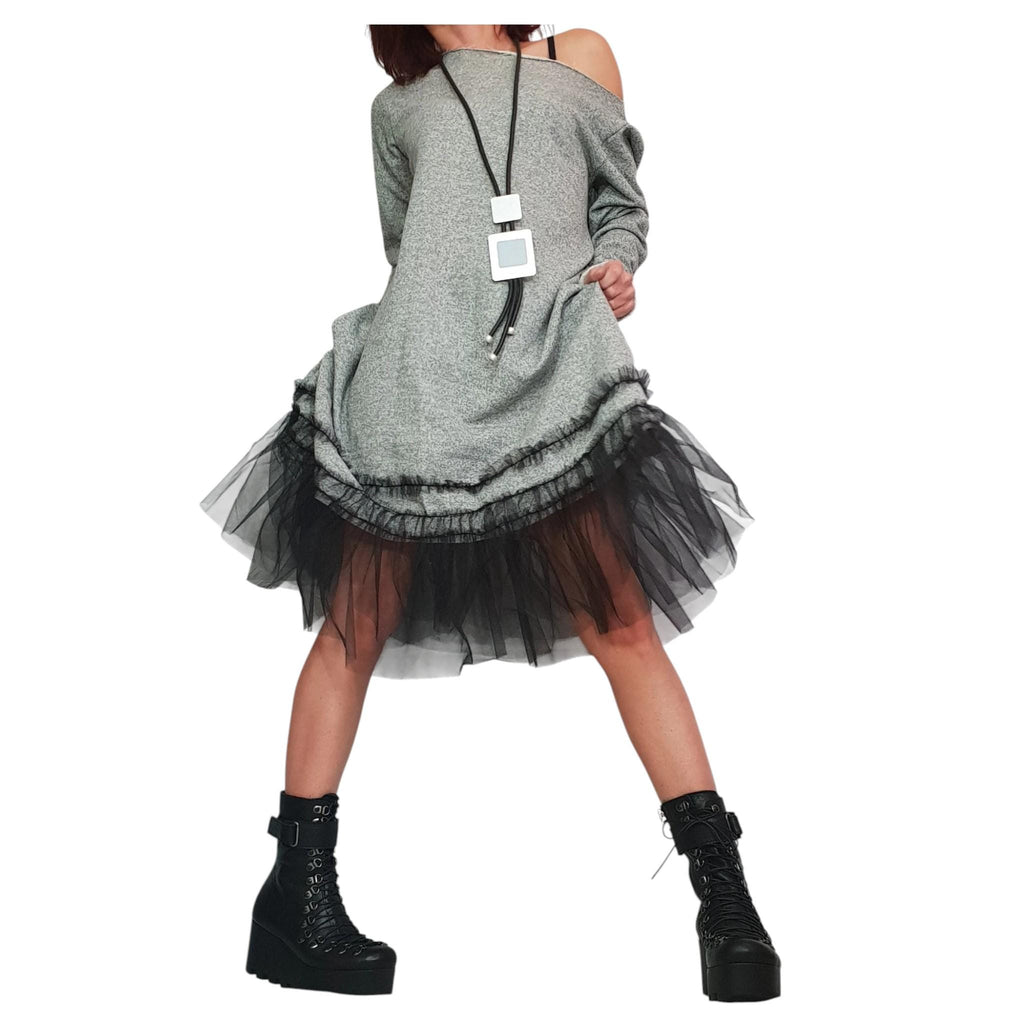 Asymmetrical Cotton Tunic Tulle Hem, Avant Garde Loose Dress, Steampunk Oversize Top, Long Sleeve