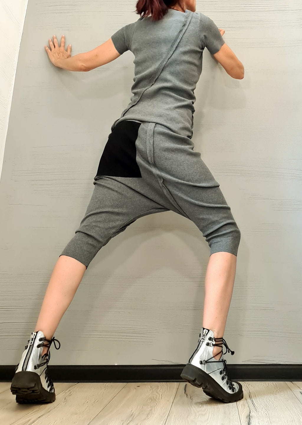 Grey Cotton Capri Harem Pants, Deep Drop Crotch, Asymmetrical Blouse, French Terry Co-Ord Set