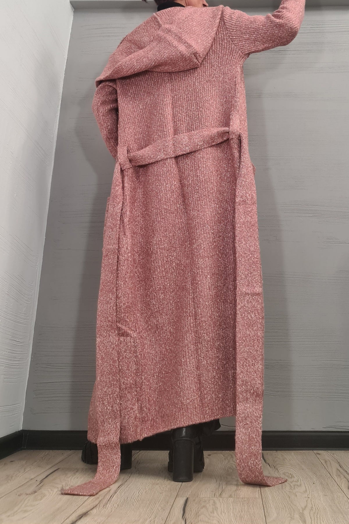 Dusty Rose Mohair Hooded Maxi Cardigan, Oversized Knit Sweater, Long Coat