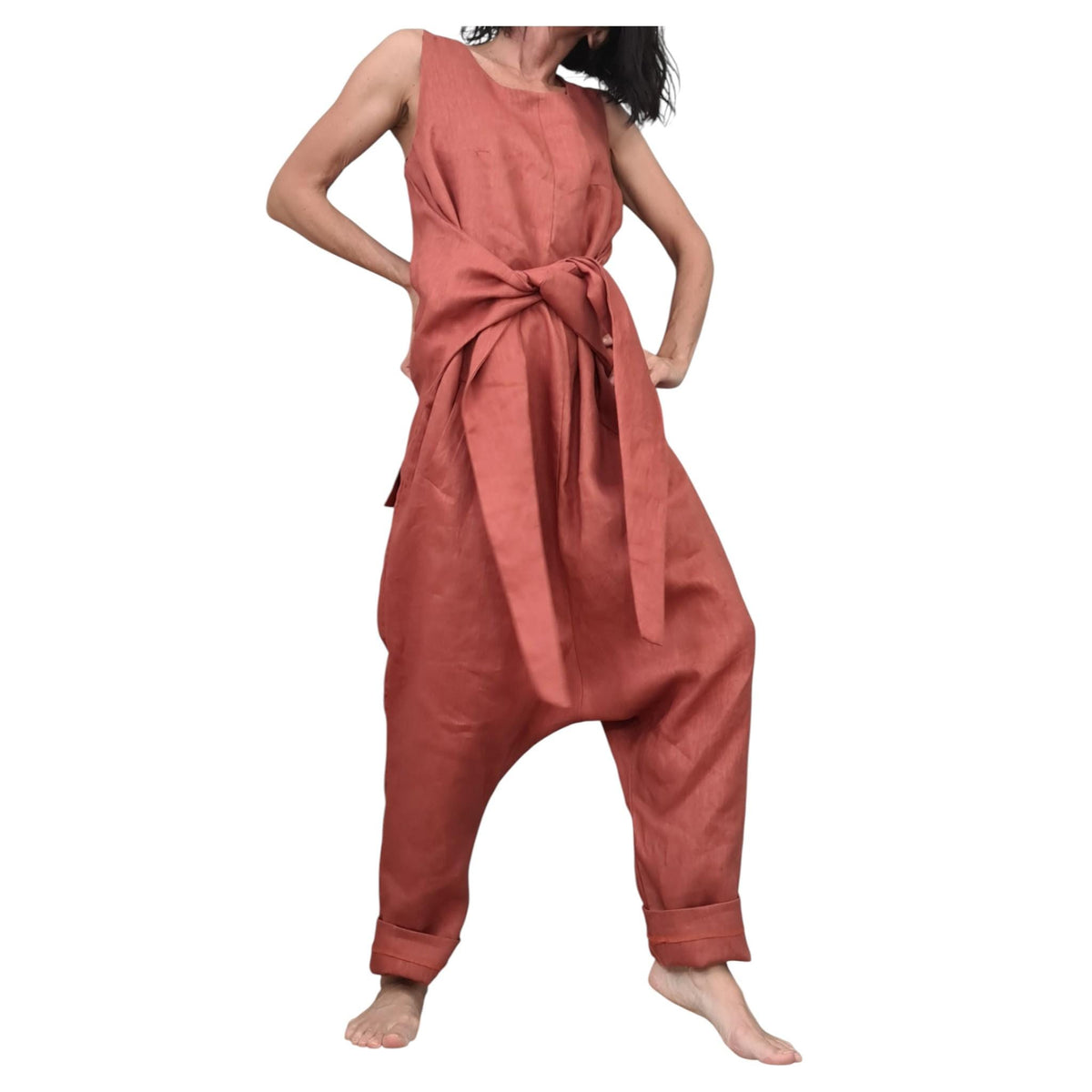 Terracotta Linen Jumpsuit, Asymmetric Harem Wide Leg, Loose Fit, V-Back