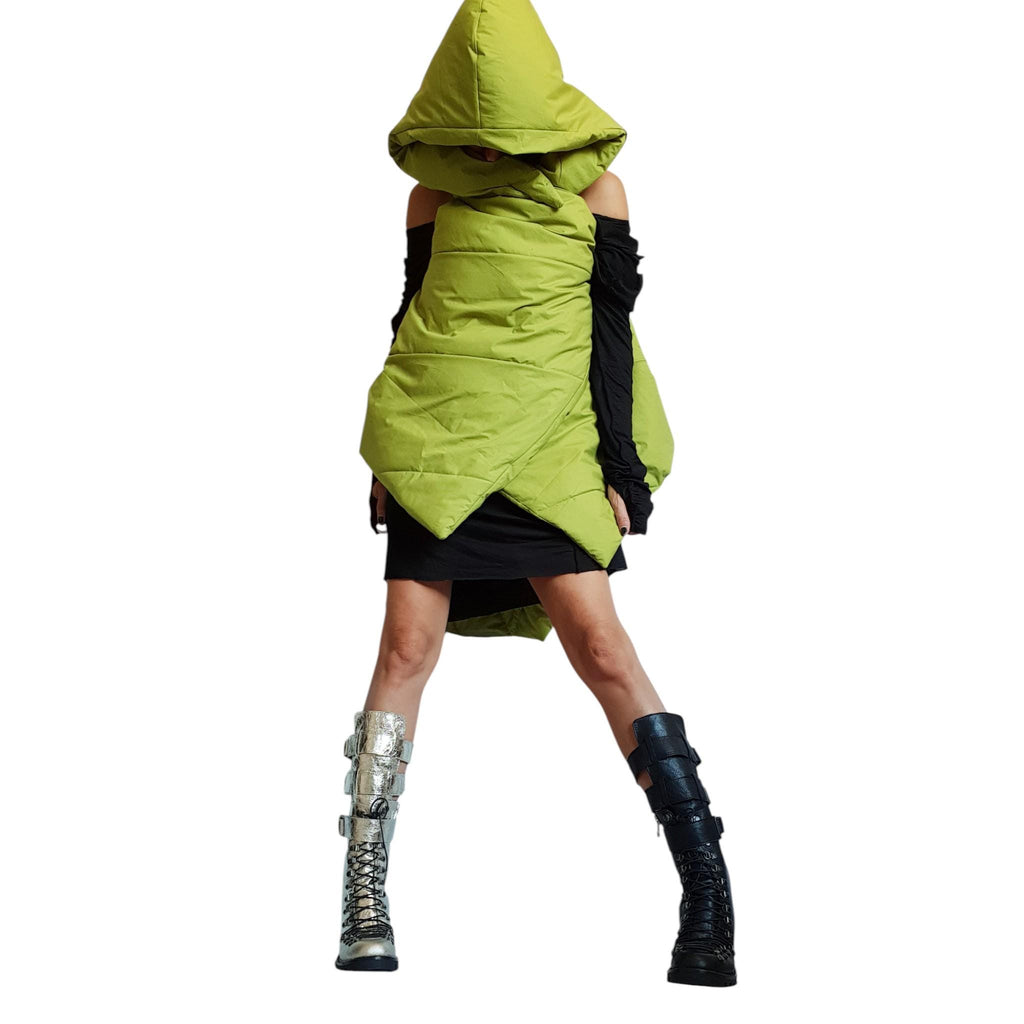 Apple Green Asymmetric Puffer Vest, Long Quilted Sleeveless Coat with Oversized Hood, Plus Size