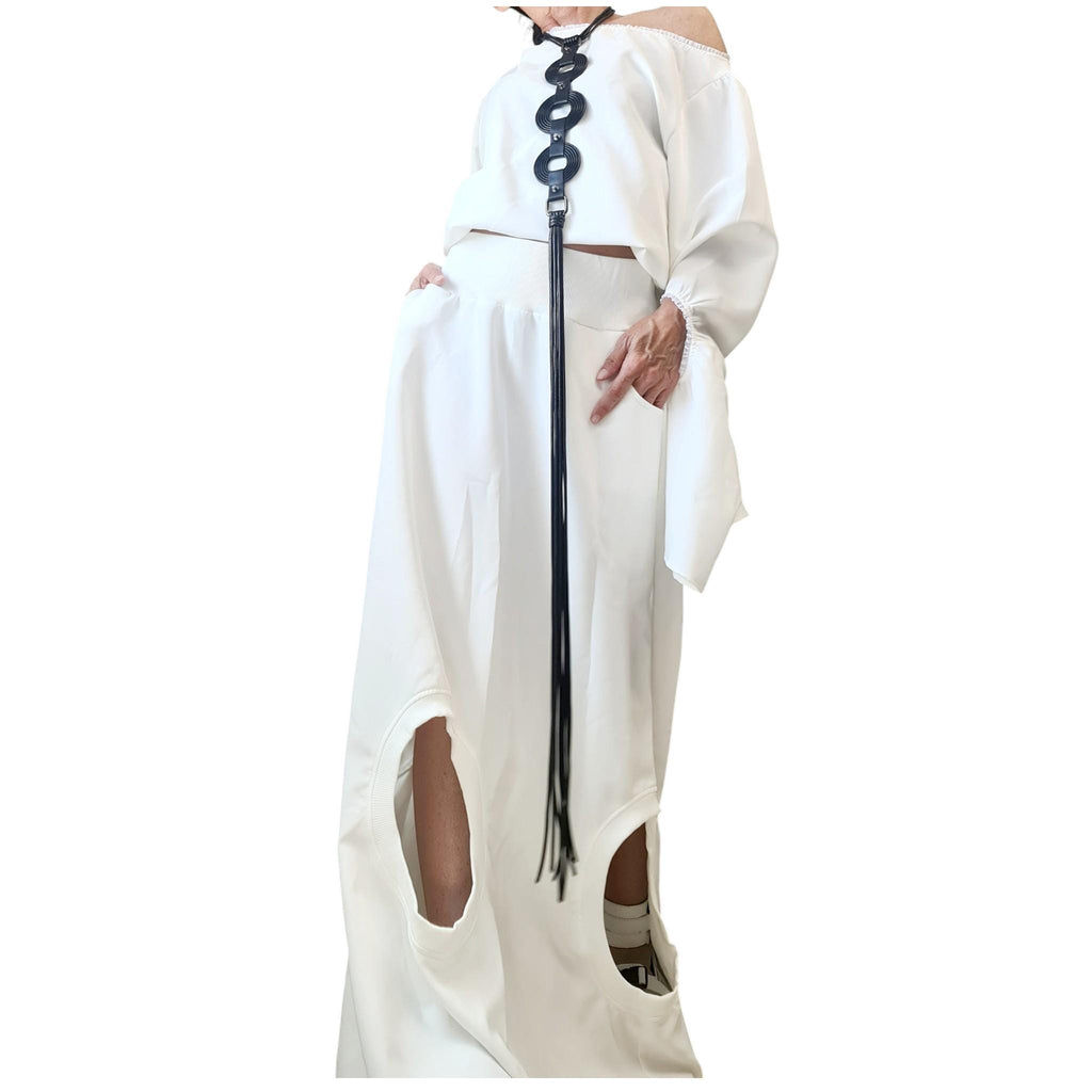 White Cotton Cutout Maxi Skirt, Cropped Open Back Blouse, Bell Sleeves, Two-Piece Co-Ord Set
