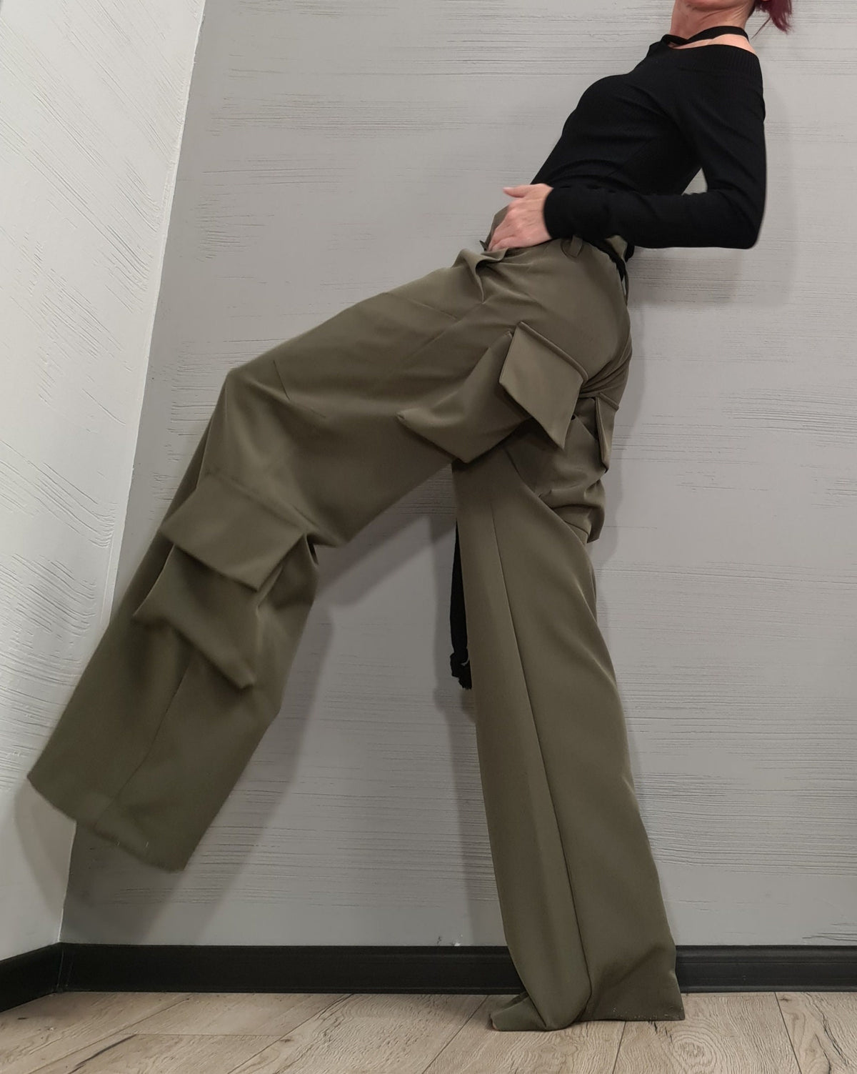 Military Green Cargo Pants, Wide Leg Trousers, High Waist