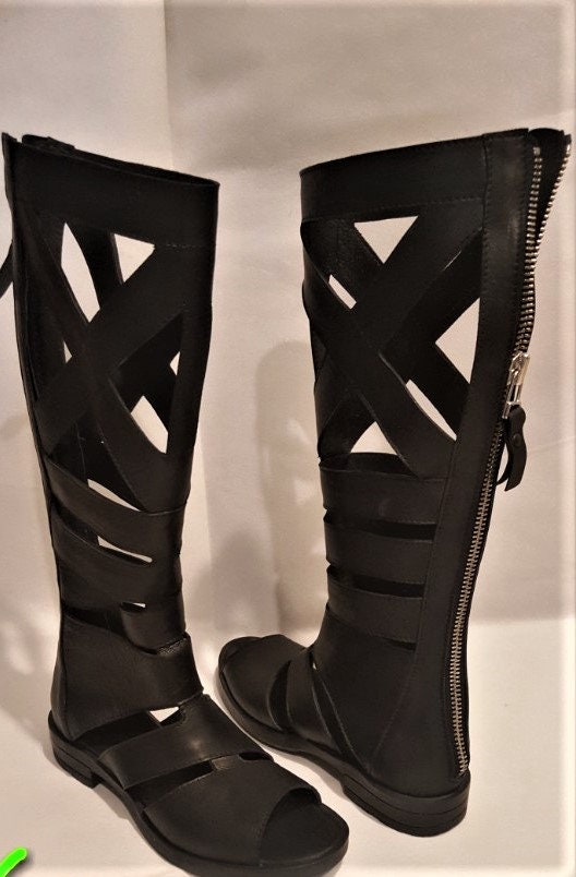 Greek Gladiator Sandals, Knee High Strappy Shoes, Open Toe Gothic Footwear