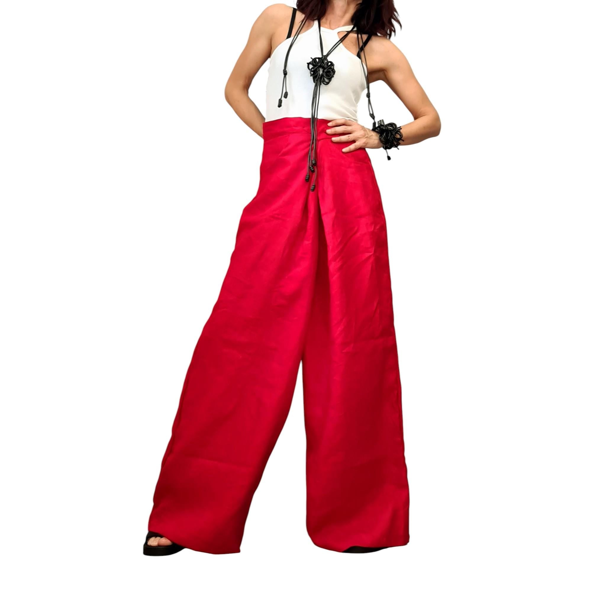 Red Wide Leg Linen Pants, Adjustable Waist Wrap Design, Avant Garde Oversized Trousers