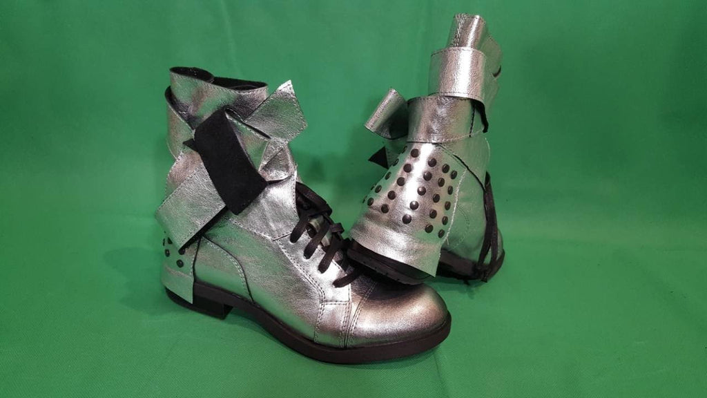 Silver Leather Boots, Grunge Ankle Booties, Steampunk Flat Shoes