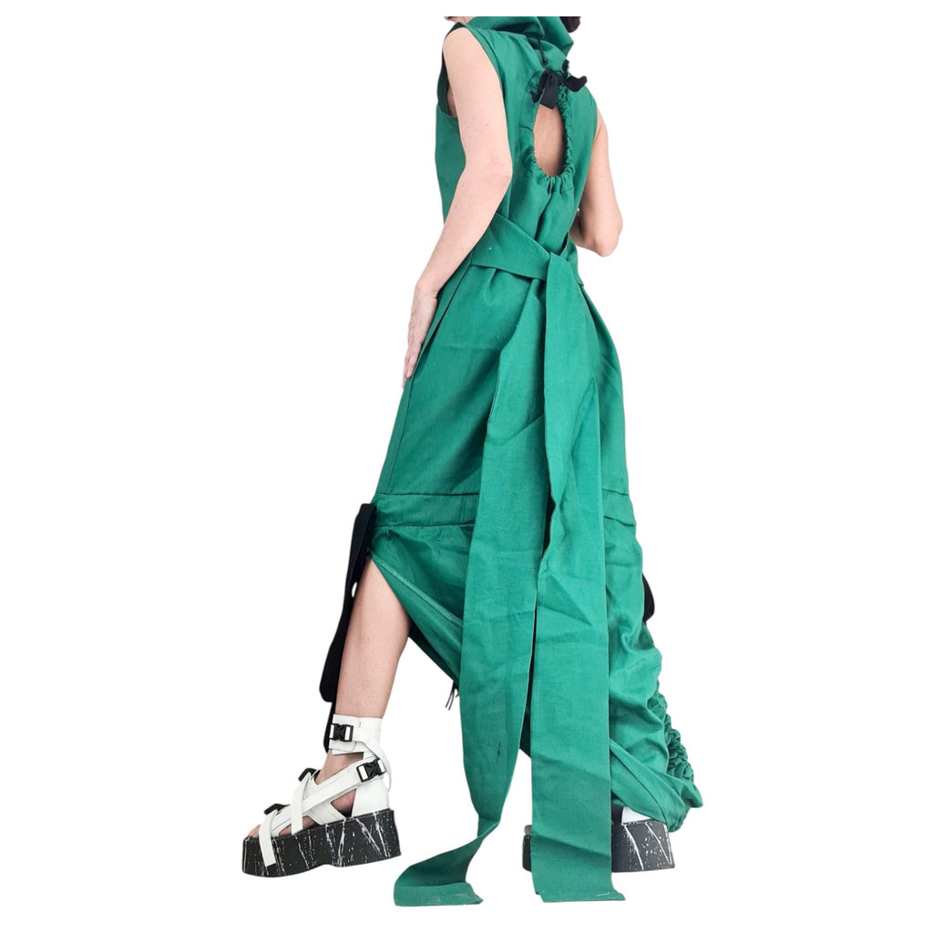 Green Linen Maxi Dress, Open Back, Asymmetric Sleeveless Fit, Avant Garde Plus Size Dress