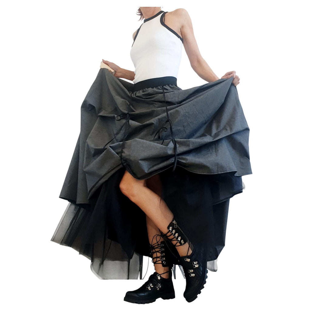 Dark Grey Cotton Sateen Maxi Skirt Dress, Adjustable Drawstrings, Layered Tulle, Convertible Design